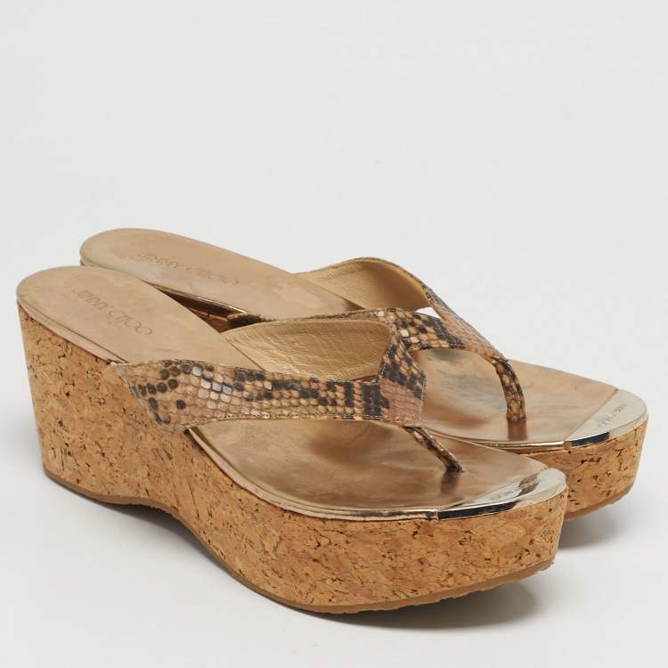 Pre Owned Jimmy Choo Size 41 Brown Python Embossed Leather Cork Wedge Thong Sandals