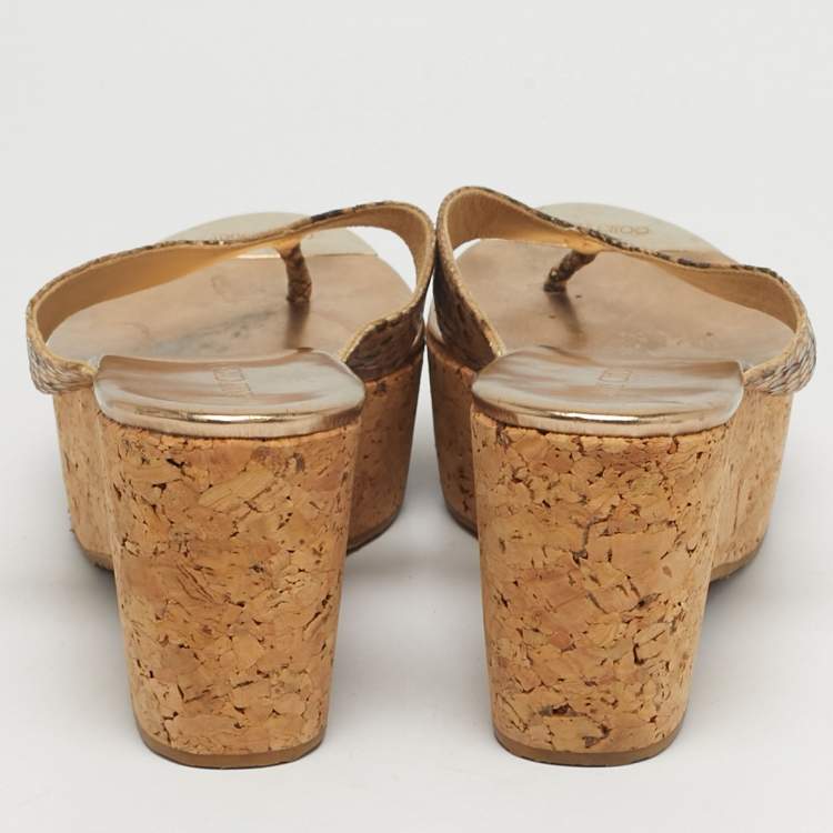 Pre Owned Jimmy Choo Size 41 Brown Python Embossed Leather Cork Wedge Thong Sandals