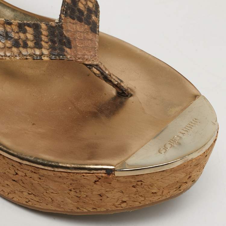 Pre Owned Jimmy Choo Size 41 Brown Python Embossed Leather Cork Wedge Thong Sandals