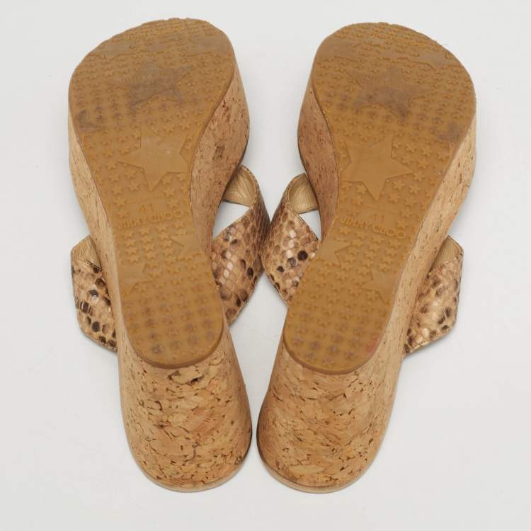 Pre Owned Jimmy Choo Size 41 Brown Python Embossed Leather Cork Wedge Thong Sandals