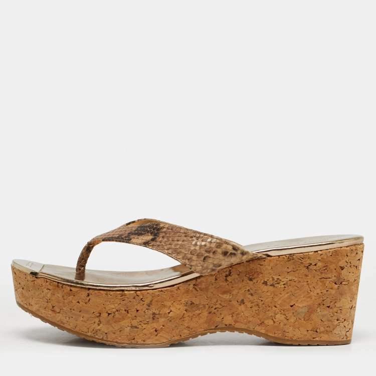 Pre Owned Jimmy Choo Size 41 Brown Python Embossed Leather Cork Wedge Thong Sandals