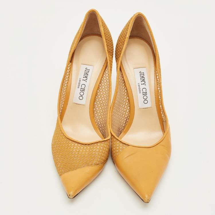 Pre Owned Jimmy Choo Love Size 38 Yellow Leather and Mesh Pumps