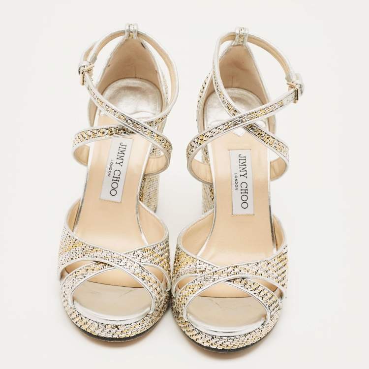 Pre Owned Jimmy Choo Alana Size 40 Multicolor Leather and Straw Wedge Sandals