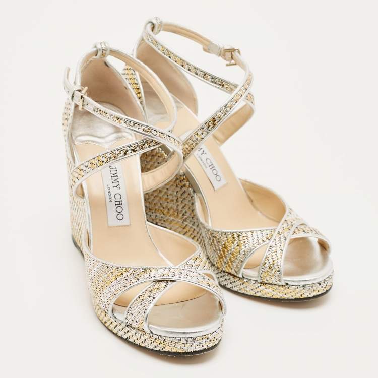 Pre Owned Jimmy Choo Alana Size 40 Multicolor Leather and Straw Wedge Sandals