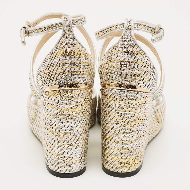 Pre Owned Jimmy Choo Alana Size 40 Multicolor Leather and Straw Wedge Sandals