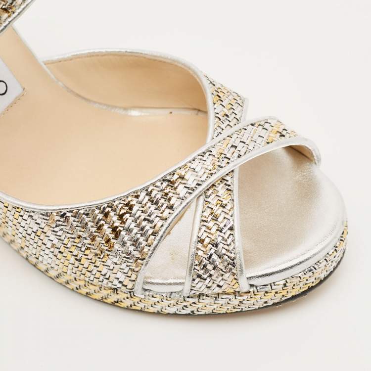 Pre Owned Jimmy Choo Alana Size 40 Multicolor Leather and Straw Wedge Sandals