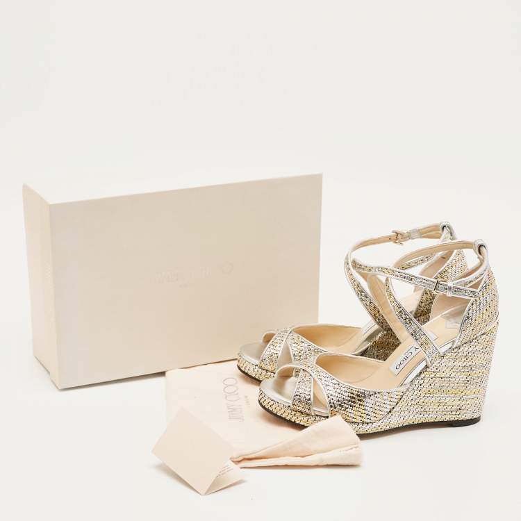 Pre Owned Jimmy Choo Alana Size 40 Multicolor Leather and Straw Wedge Sandals