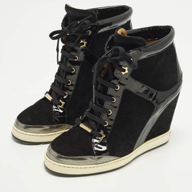 Pre Owned Jimmy Choo Size 39 Black Patent Leather and Suede Wedge Sneakers