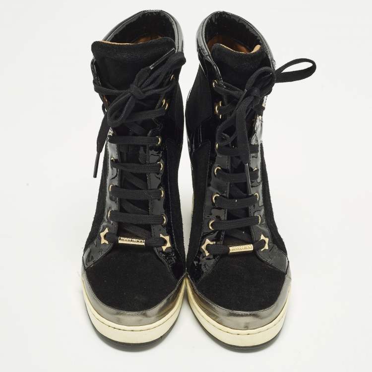 Pre Owned Jimmy Choo Size 39 Black Patent Leather and Suede Wedge Sneakers