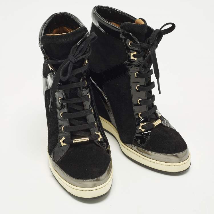 Pre Owned Jimmy Choo Size 39 Black Patent Leather and Suede Wedge Sneakers