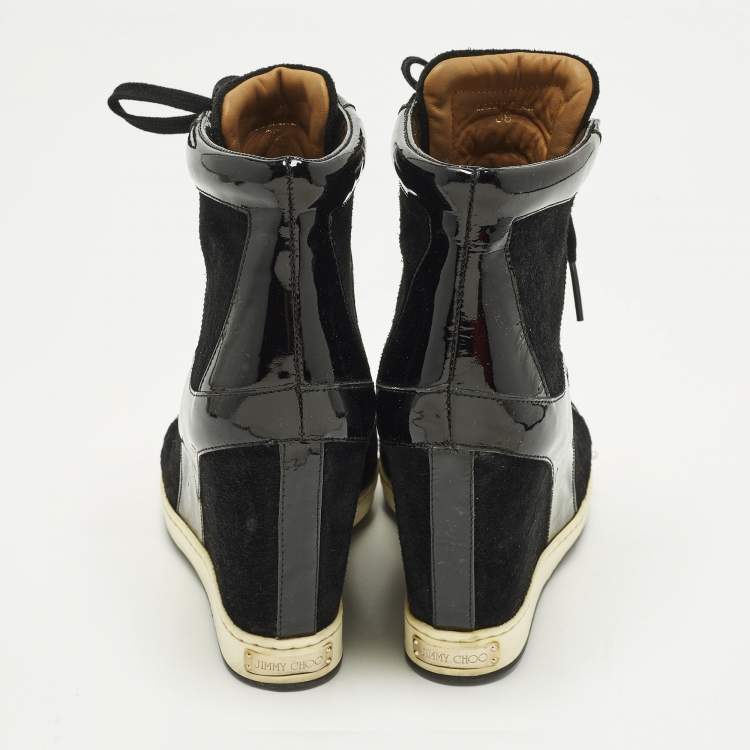 Pre Owned Jimmy Choo Size 39 Black Patent Leather and Suede Wedge Sneakers