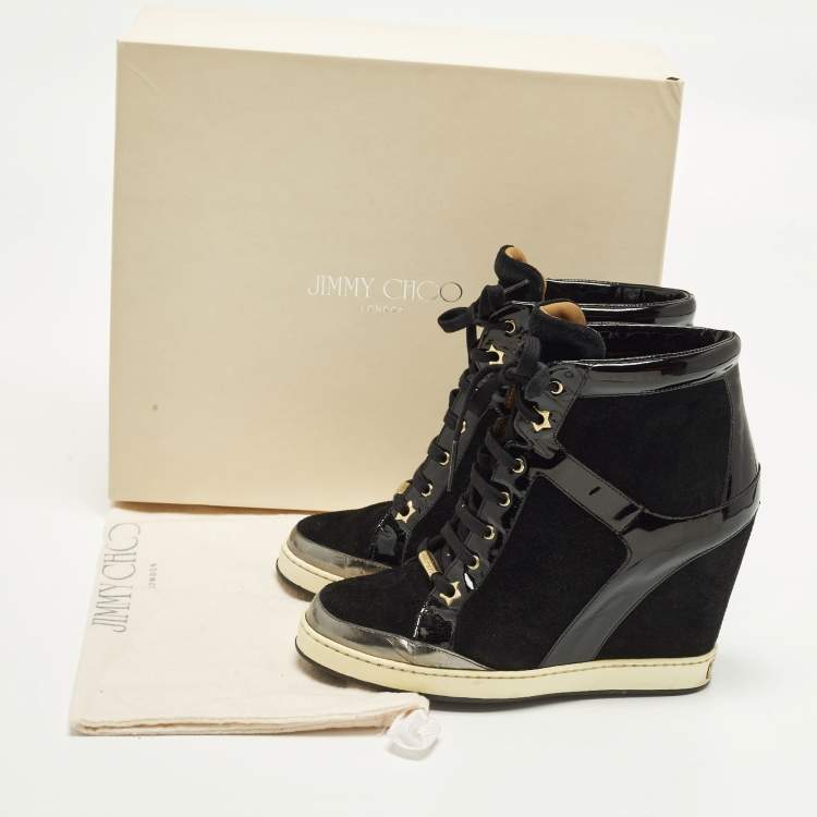 Pre Owned Jimmy Choo Size 39 Black Patent Leather and Suede Wedge Sneakers