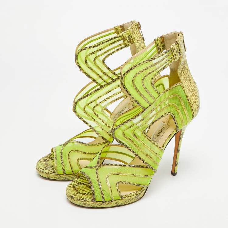 Pre Owned Jimmy Choo Magnum Size 40 Tricolor Net and Python Leather Cut-out Platform Pumps