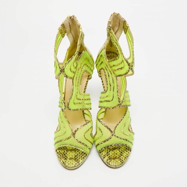 Pre Owned Jimmy Choo Magnum Size 40 Tricolor Net and Python Leather Cut-out Platform Pumps