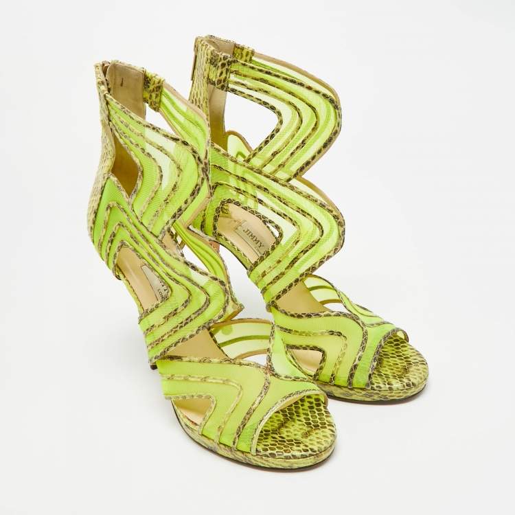 Pre Owned Jimmy Choo Magnum Size 40 Tricolor Net and Python Leather Cut-out Platform Pumps