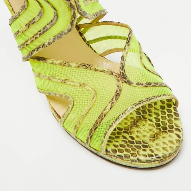 Pre Owned Jimmy Choo Magnum Size 40 Tricolor Net and Python Leather Cut-out Platform Pumps