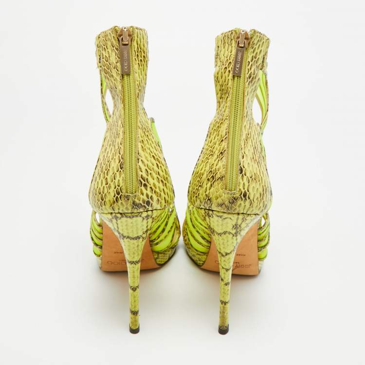 Pre Owned Jimmy Choo Magnum Size 40 Tricolor Net and Python Leather Cut-out Platform Pumps