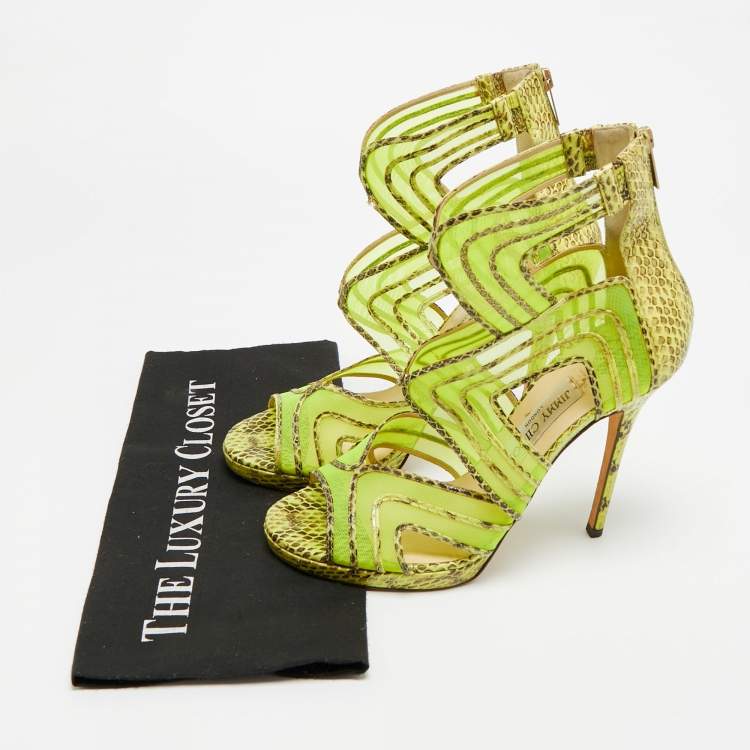 Pre Owned Jimmy Choo Magnum Size 40 Tricolor Net and Python Leather Cut-out Platform Pumps
