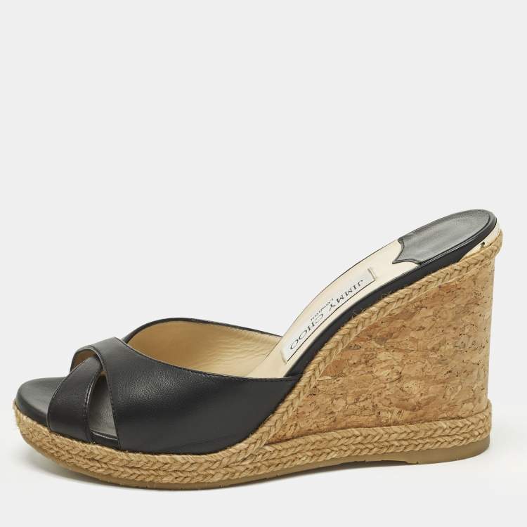 Pre Owned Jimmy Choo Size 40 Black Leather Platform Wedge Slide Sandals