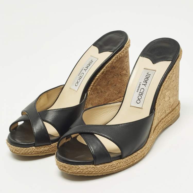 Pre Owned Jimmy Choo Size 40 Black Leather Platform Wedge Slide Sandals