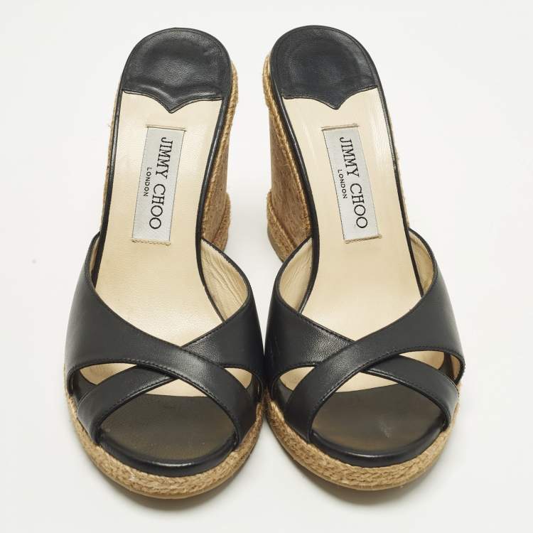 Pre Owned Jimmy Choo Size 40 Black Leather Platform Wedge Slide Sandals