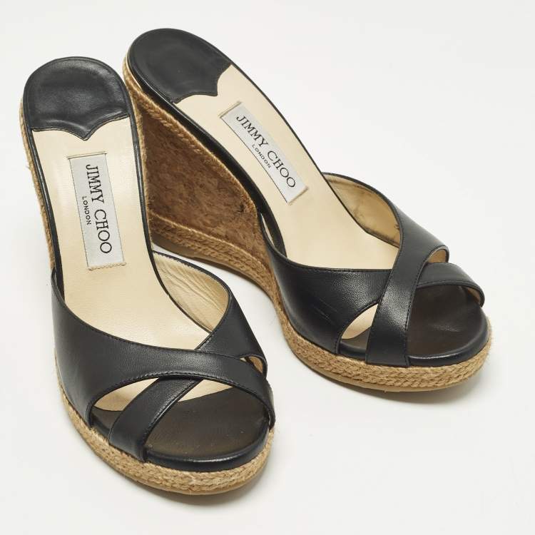 Pre Owned Jimmy Choo Size 40 Black Leather Platform Wedge Slide Sandals