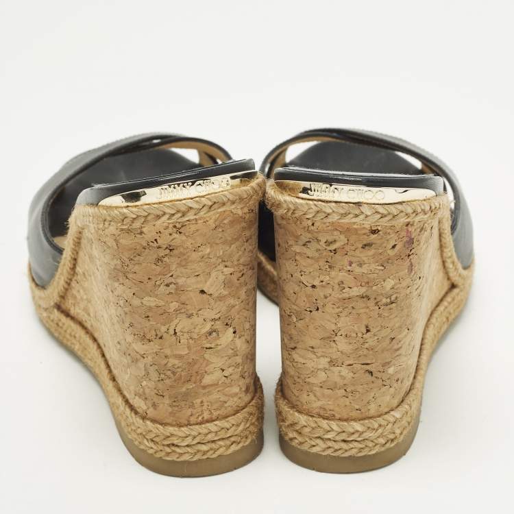 Pre Owned Jimmy Choo Size 40 Black Leather Platform Wedge Slide Sandals