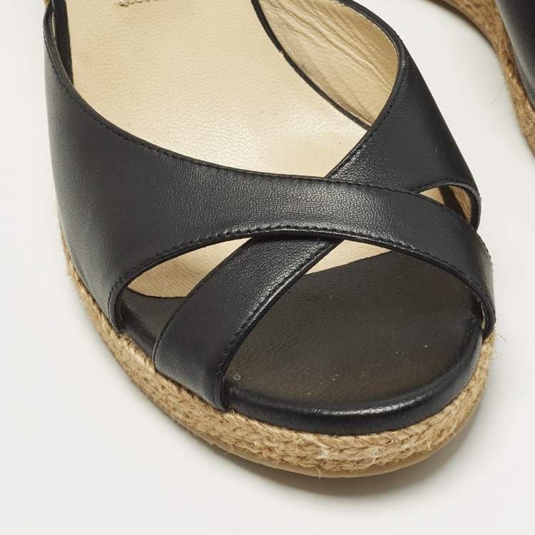 Pre Owned Jimmy Choo Size 40 Black Leather Platform Wedge Slide Sandals