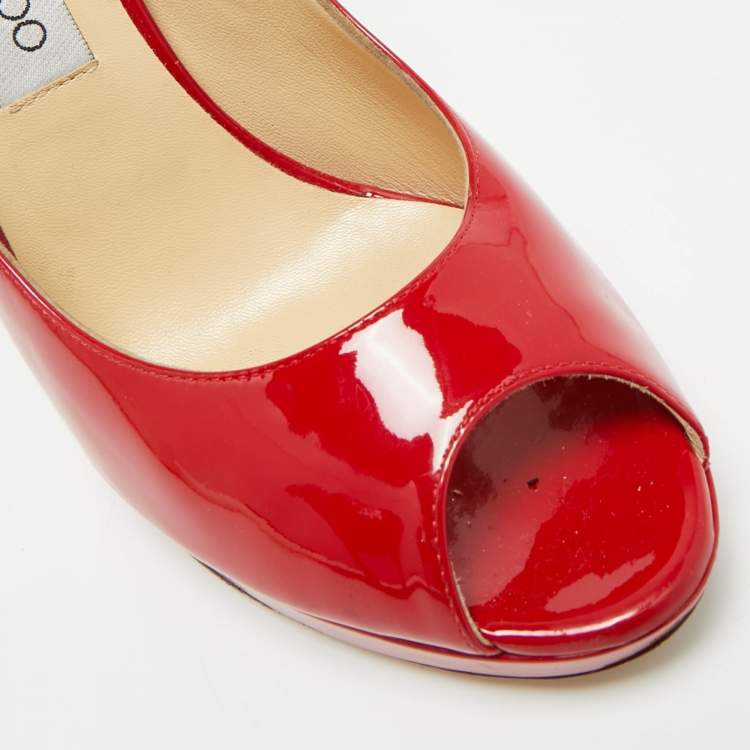 Pre Owned Jimmy Choo Luna Size 38.5 Red Patent Leather Peep Toe Pumps