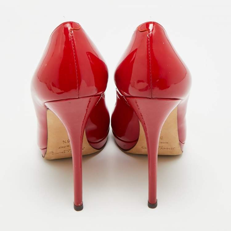 Pre Owned Jimmy Choo Luna Size 38.5 Red Patent Leather Peep Toe Pumps