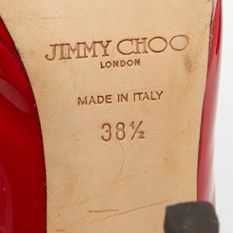 Pre Owned Jimmy Choo Luna Size 38.5 Red Patent Leather Peep Toe Pumps