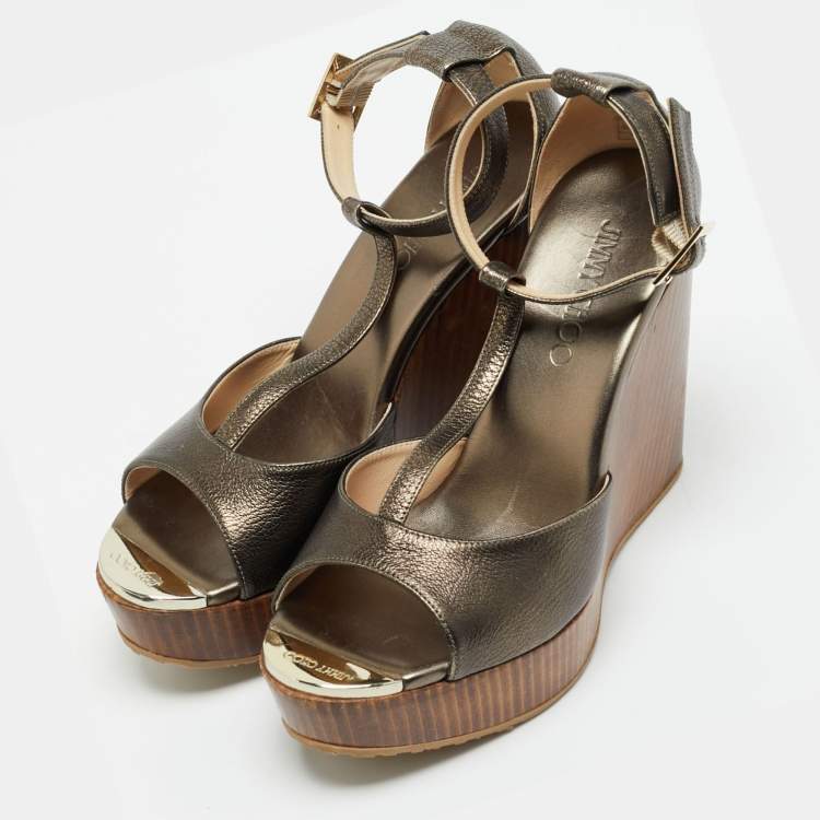 Pre Owned Jimmy Choo Size 38.5 Metallic Bronze Leather Wedge Sandals