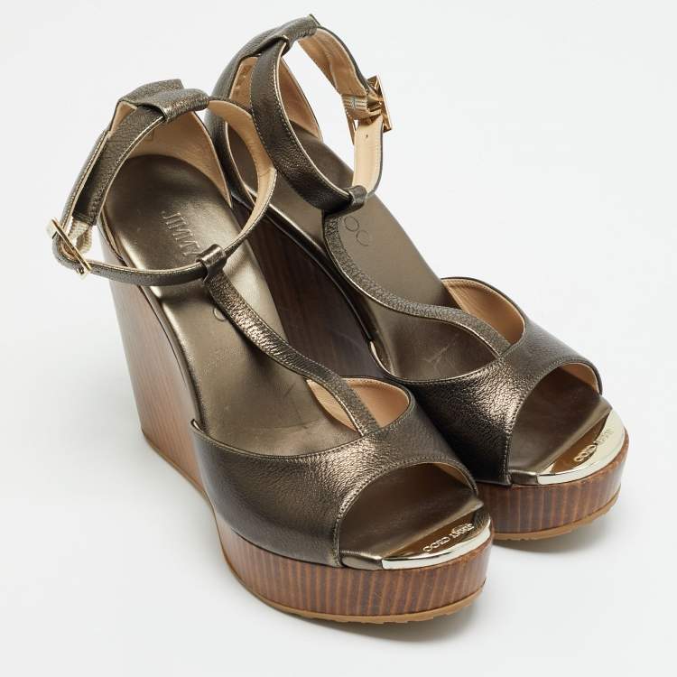 Pre Owned Jimmy Choo Size 38.5 Metallic Bronze Leather Wedge Sandals