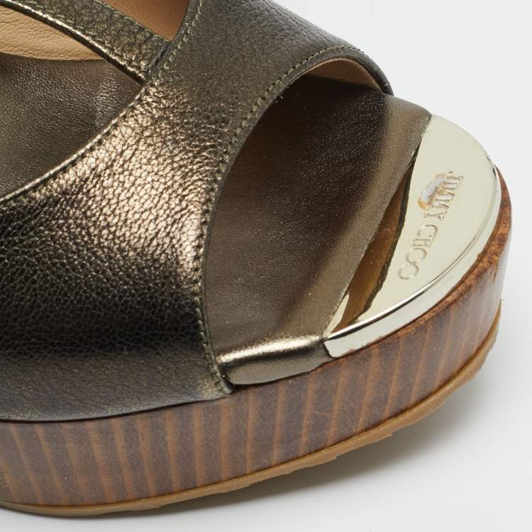Pre Owned Jimmy Choo Size 38.5 Metallic Bronze Leather Wedge Sandals