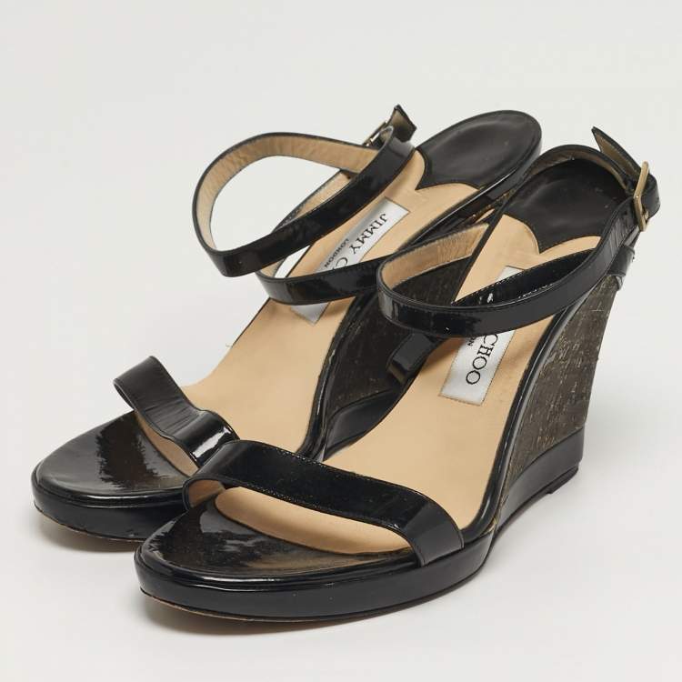 Pre Owned Jimmy Choo Alana Size 39 Black Patent Leather Cork Wedge Sandals