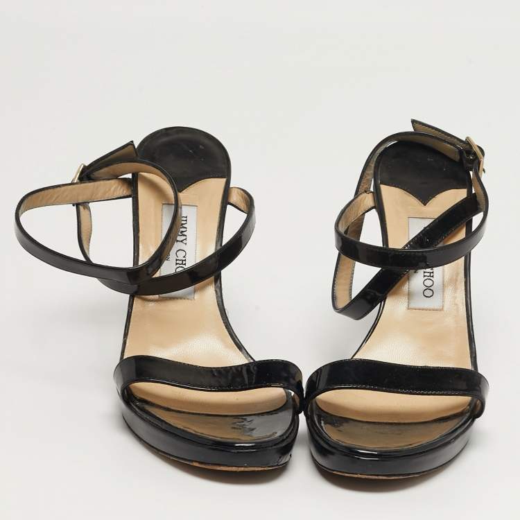 Pre Owned Jimmy Choo Alana Size 39 Black Patent Leather Cork Wedge Sandals