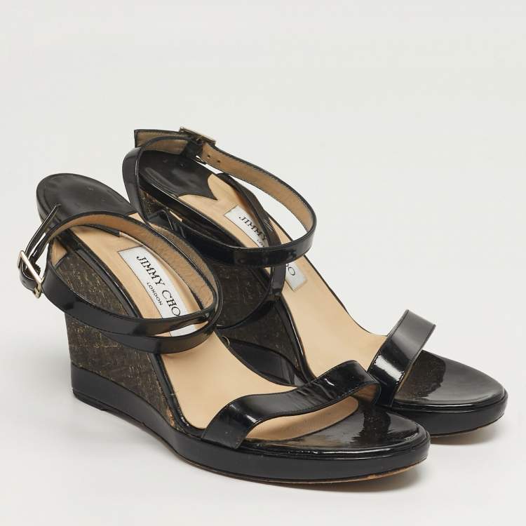 Pre Owned Jimmy Choo Alana Size 39 Black Patent Leather Cork Wedge Sandals