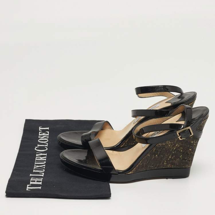 Pre Owned Jimmy Choo Alana Size 39 Black Patent Leather Cork Wedge Sandals