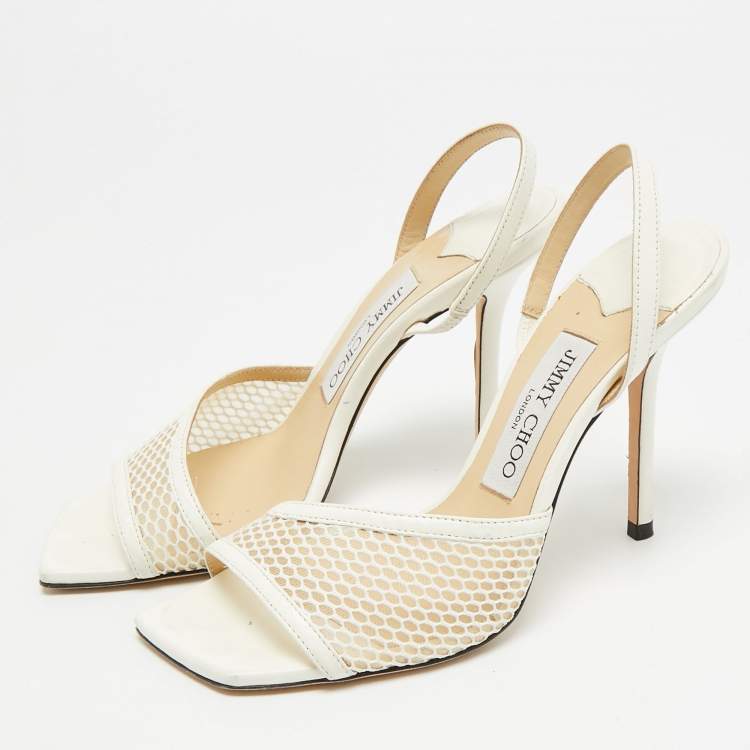 مملوكة مسبقًا Jimmy Choo Size 36.5 White Leather and Mesh Slingback Sandals