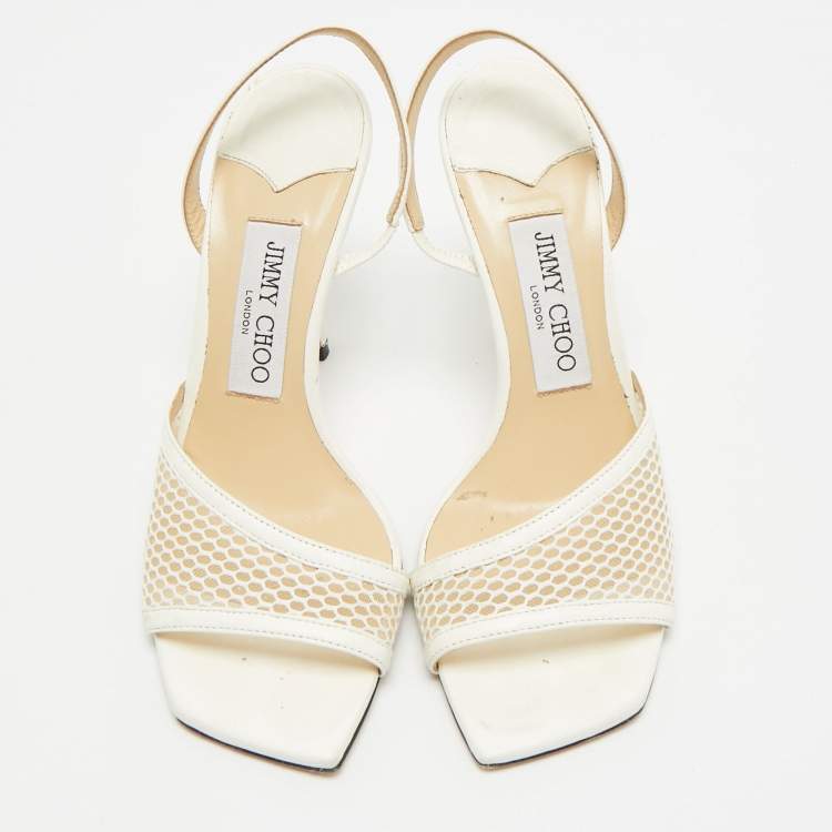مملوكة مسبقًا Jimmy Choo Size 36.5 White Leather and Mesh Slingback Sandals
