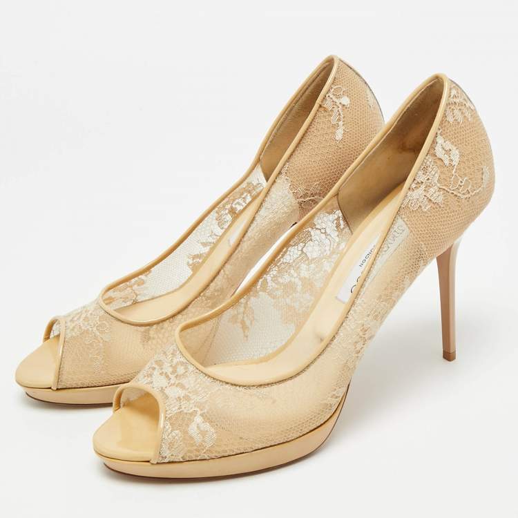 Pre Owned Jimmy Choo Size 41 Beige Lace and Patent Leather Peep Toe Pumps