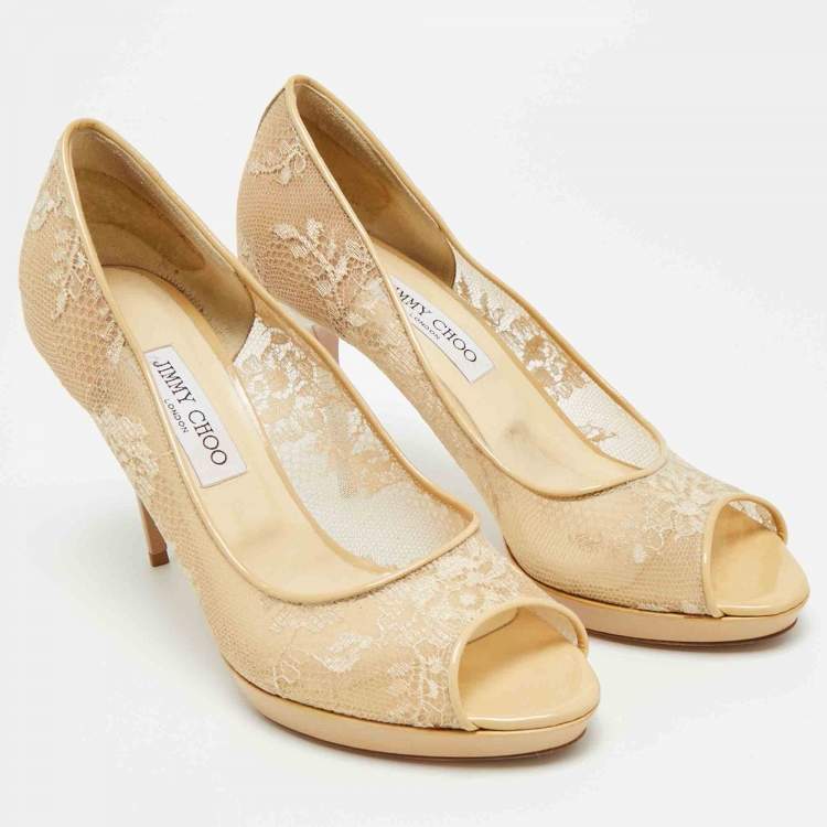Pre Owned Jimmy Choo Size 41 Beige Lace and Patent Leather Peep Toe Pumps