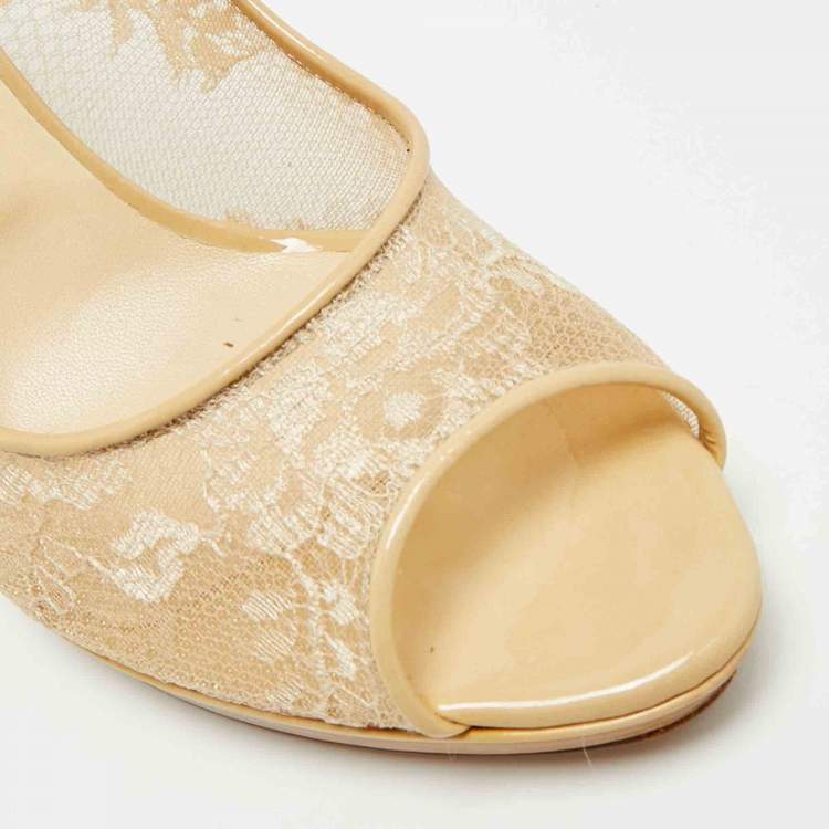 Pre Owned Jimmy Choo Size 41 Beige Lace and Patent Leather Peep Toe Pumps