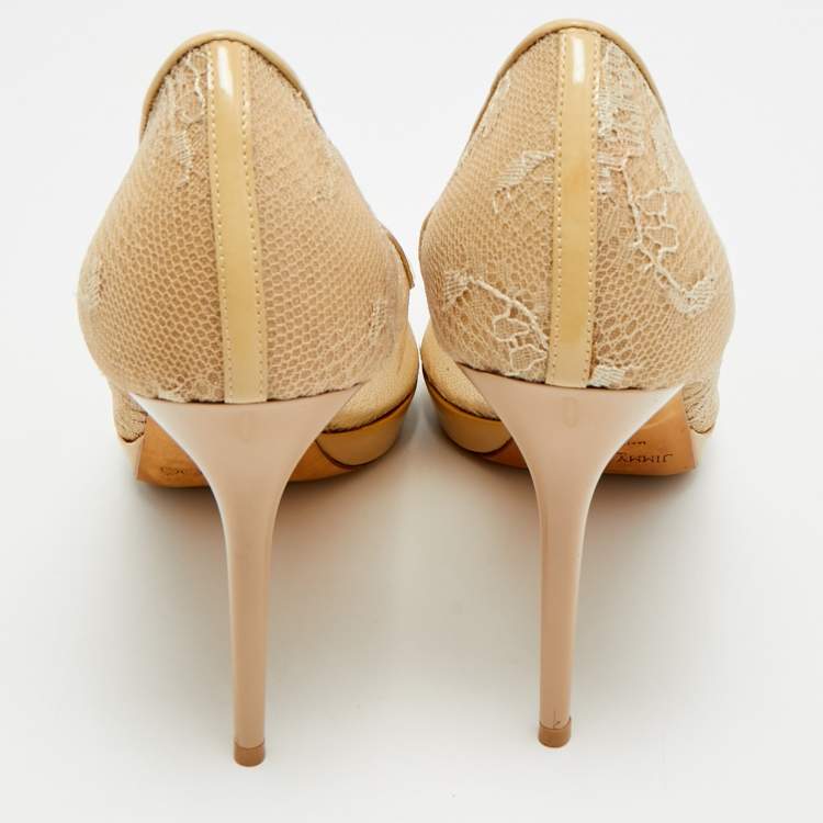 Pre Owned Jimmy Choo Size 41 Beige Lace and Patent Leather Peep Toe Pumps