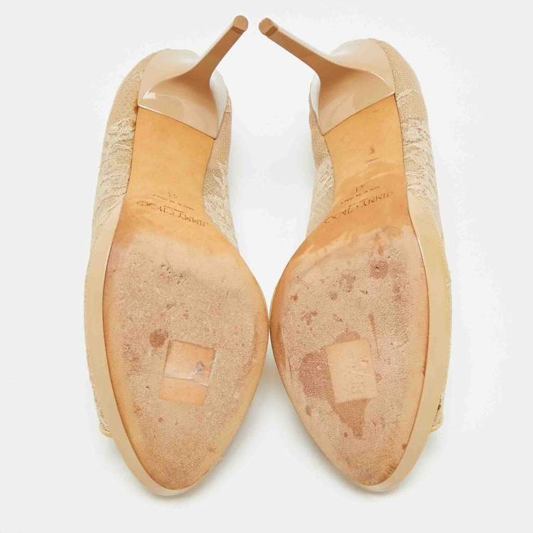 Pre Owned Jimmy Choo Size 41 Beige Lace and Patent Leather Peep Toe Pumps