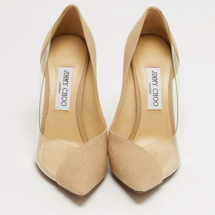 Pre Owned Jimmy Choo Cass Size 39.5 Beige/Transparent Canvas and PVC Pumps