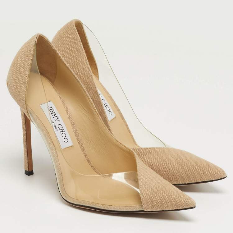 Pre Owned Jimmy Choo Cass Size 39.5 Beige/Transparent Canvas and PVC Pumps
