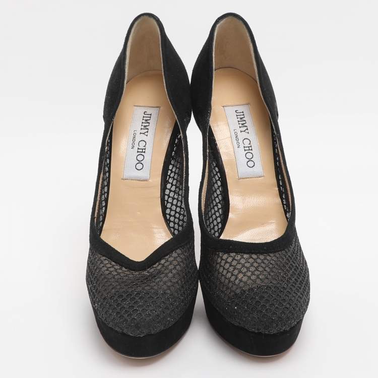 Pre Owned Jimmy Choo Tesia Size 36 Black Mesh and Suede Platform Pumps