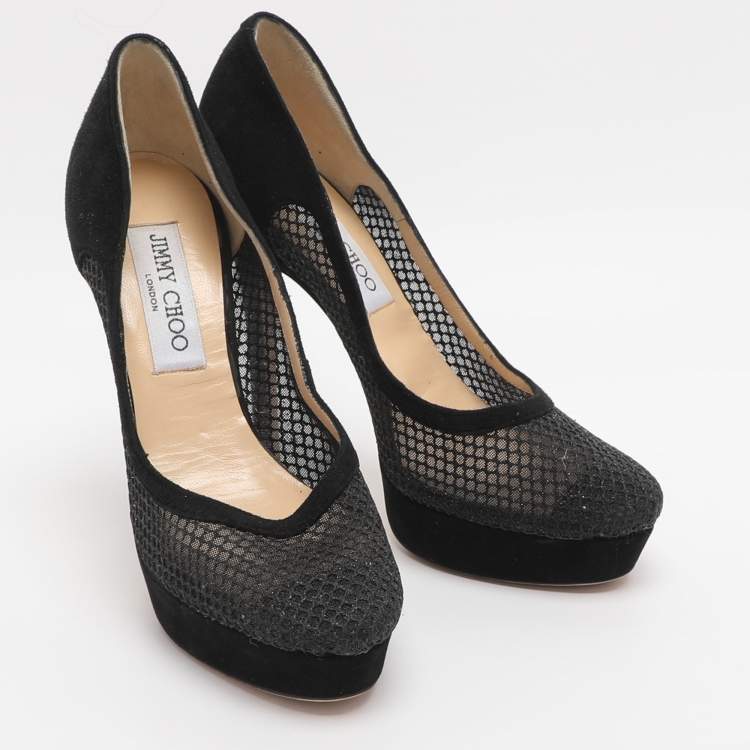 Pre Owned Jimmy Choo Tesia Size 36 Black Mesh and Suede Platform Pumps