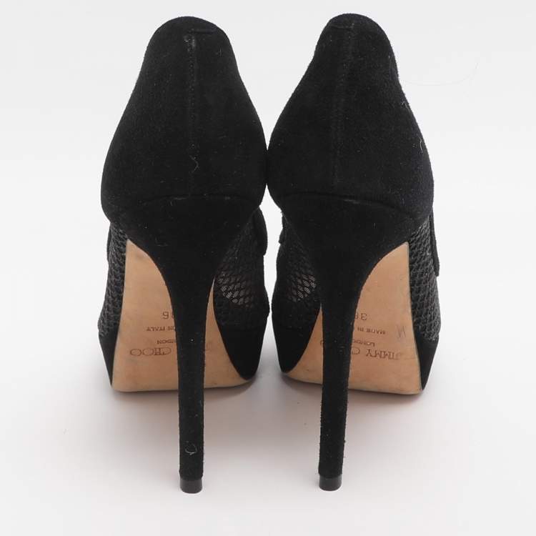 Pre Owned Jimmy Choo Tesia Size 36 Black Mesh and Suede Platform Pumps